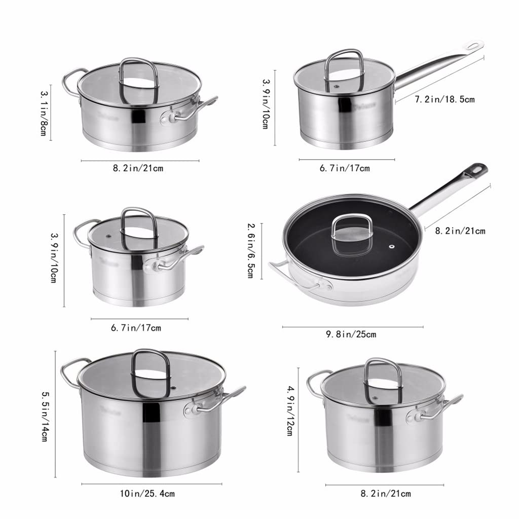 ZOCWJK Cooking Pot, Frying Pan,Stainless Steel Kitchen Cookware Set 12 Piece Pan Set Nonstick Skillet Casserole with Glass Lid (