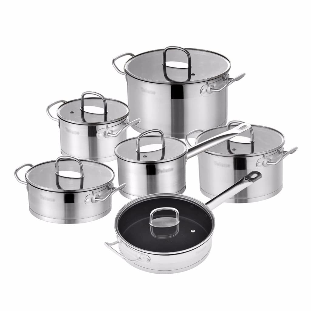 ZOCWJK Cooking Pot, Frying Pan,Stainless Steel Kitchen Cookware Set 12 Piece Pan Set Nonstick Skillet Casserole with Glass Lid (