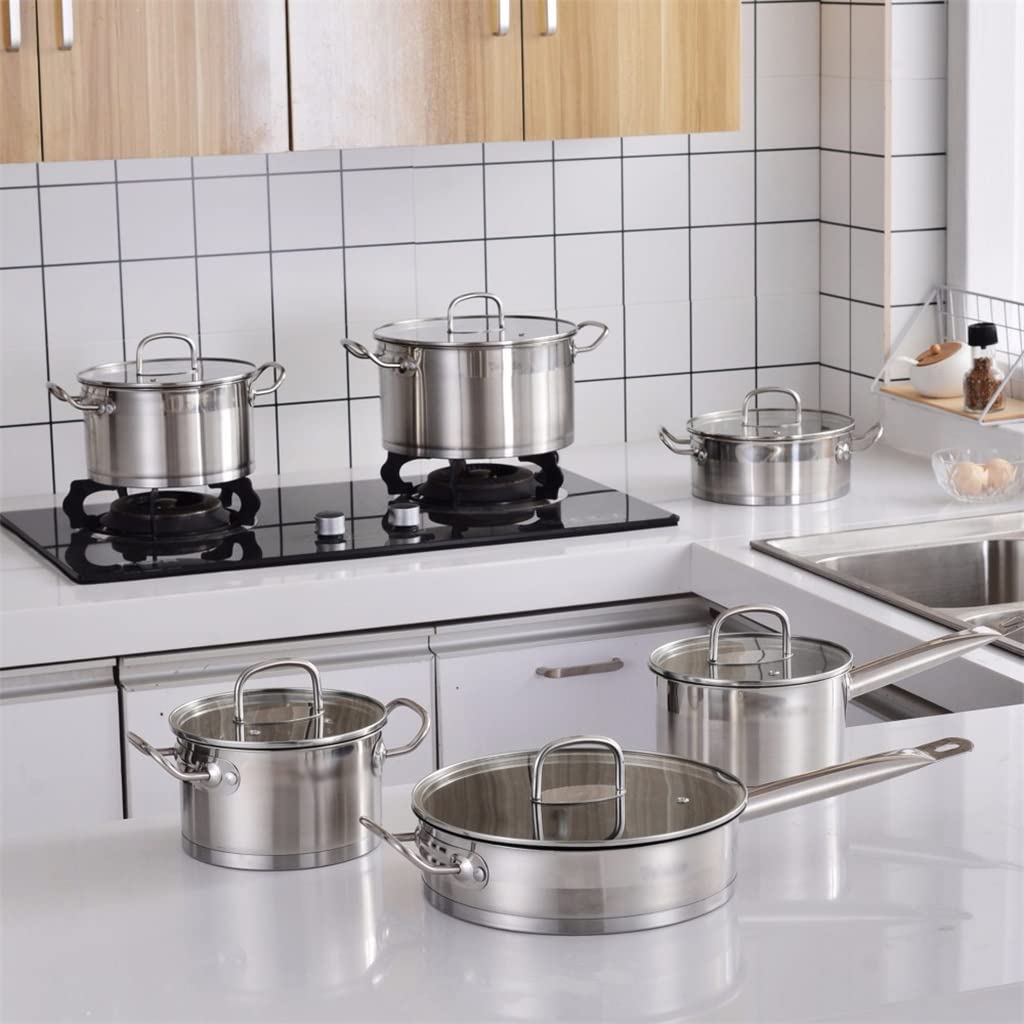 ZOCWJK Cooking Pot, Frying Pan,Stainless Steel Kitchen Cookware Set 12 Piece Pan Set Nonstick Skillet Casserole with Glass Lid (