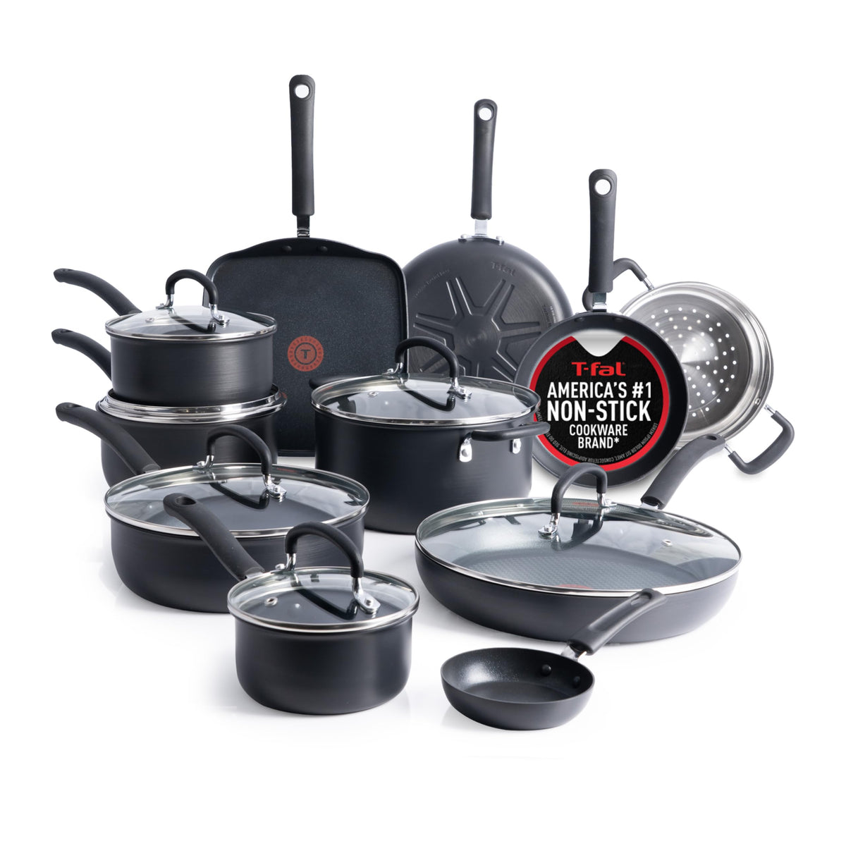 T-Fal Ultimate Hard Anodized Nonstick Cookware Set 17 Piece, Nonstick Pots and Pans Set with Fry Pan, Saucepans, Saute-Pan, Griddle, Dishwasher Safe, Black