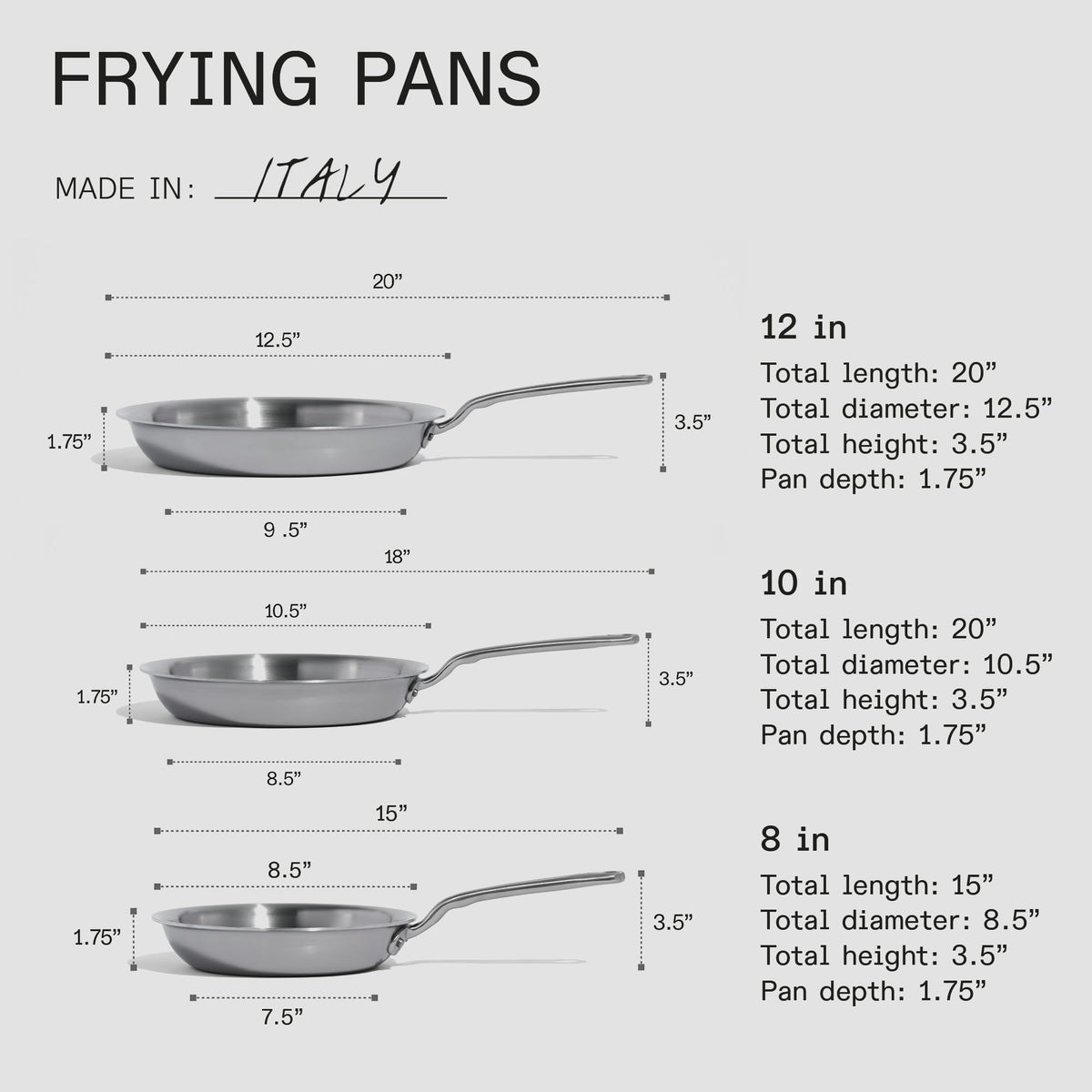 Made In Cookware - 3-Piece Stainless Clad Frying Pan Set with Universal Silicone Lid - 5 Ply Stainless Clad - Professional Cookware - Crafted in Italy - Induction Compatible