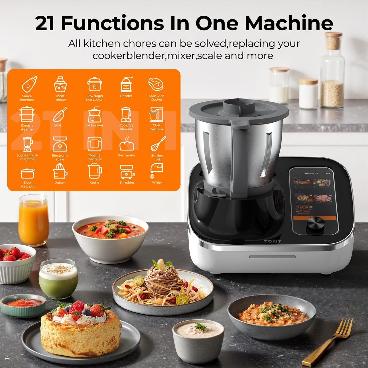 AI Cooking Robot, TOKIT Omni Cook C2 Smart Multi-Functional Food Processor, 21-in-1 Automatic Cooking Machine with Blender, Steamer, Chopper & Stirrer, 3000+ Free Recipes, 95°F-356°F, 2.2L
